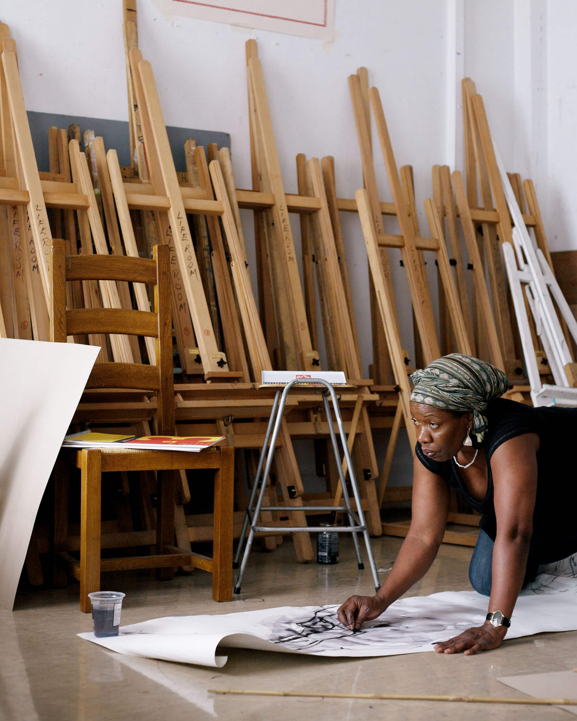 Magdalene Odundo making prelimary life drawing sketches during a printmaking residency at Ulster University, Belfast